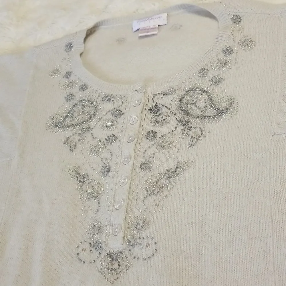 Cashmere Couture Knit Sweater Womens Small Gray Embroidered Embellished Paisley